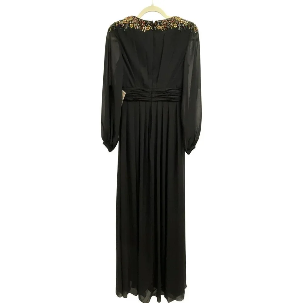 NWT Mac Duggal Black Embellished Shoulder Long Sleeve Gown Maxi Dress Size 4